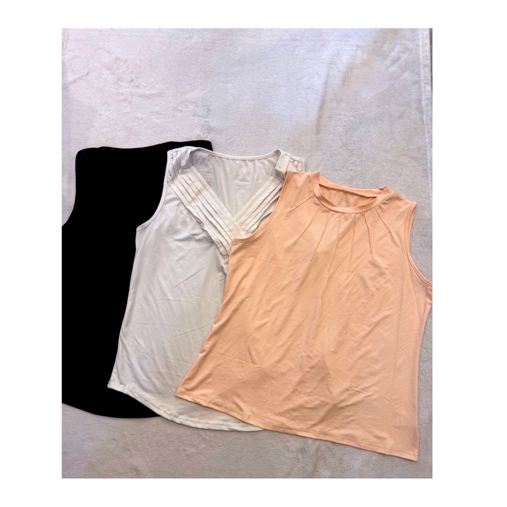 Lot of 3 Sleeveless Pleated V-Neck Round Neck Blouse Tops Black White Peach L - Picture 1 of 6